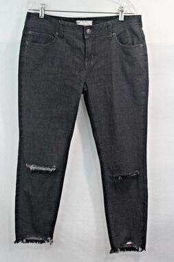 Free People Ankle Crop Distress Jeans size 29 Black Denim Pocket Stretch Raw Hem